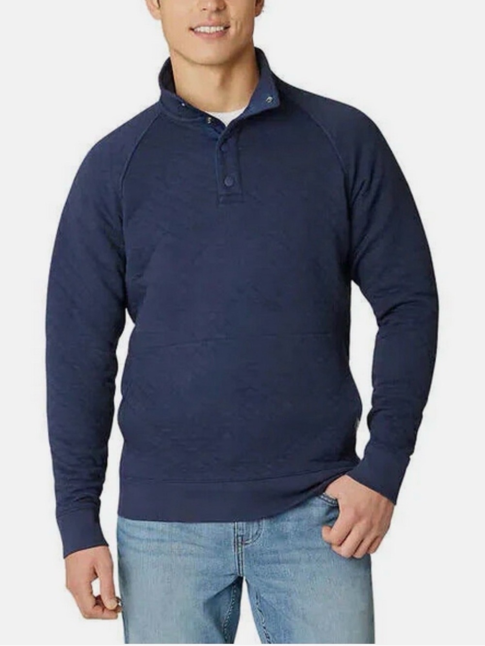 EDDIE BAUER Men's Navy Blue Quilted Stand‎ Collar 1/4-Snap Pullover, XL